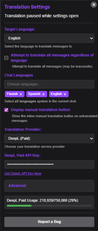 Extension settings panel
